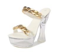 Women's 14cm High Heels | Platform Open-Toe Chunky Heel Sandals for Wedding, Graduation, Family Gatherings & Club Nights,White,7.5 UK