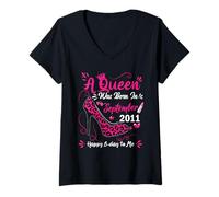 Womens 14th Birthday High Heel A Queen Was Born In September 2011 V-Neck T-Shirt