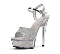 Women's 15CM Thin Stiletto Adjustable Ankle Strap Sandals, Evening Dress Shoes for Nightclub Model Show,Silver,3 UK