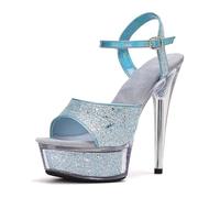 Women's 15CM Thin Stiletto Adjustable Ankle Strap Sandals, Evening Dress Shoes for Nightclub Model Show,Blue,6.5 UK