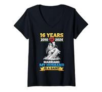 Women's 16th Wedding Anniversary 2010 to 2026 My Husband is A Saint V-Neck T-Shirt