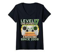Womens 17 Year Old Level 17th Unlocked Birthday Gamer Since 2008 V-Neck T-Shirt