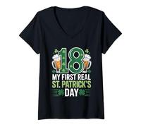 Women's 18 My First Real St Patricks Day Shamrock Beer Birthday V-Neck T-Shirt
