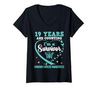 Women's 19 Years and Counting Im A Survivor Ovarian Cancer Awareness V-Neck T-Shirt