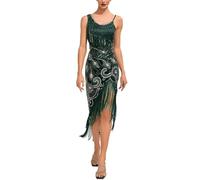 Womens 1920s Flapper Dress Knee Length Tassel Hem Sequined Cocktail Dress with 20s Accessories Costume Set Roaring Twenties GatsbyParty Formal Juniors Outfit (Green, XL)