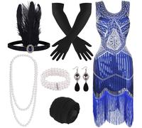 Women's 1920s Flapper Dress with Accessories - Blue L