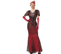 Women's 1920s Flapper Dresses V-Neck Formal Sequins Dress Vintage Long Wedding Evening Dress Red L(0810)
