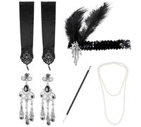 Women'S 1920S Roaring Twenties Vintage Accessories Set, Flapper Headpiece, Faux Pearl Necklace, Satin Gloves, Earrings, Cigarette Holder