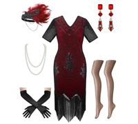 Women's 1920s V Neck Flapper Dress Sequin Fringe Costume with Accessories