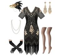 Women's 1920s V Neck Flapper Dress Sequin Fringe Costume with Accessories