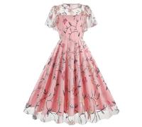 Women's 1950s Audrey Hepburn Dress Vintage Rockabilly Dress Floral Lace Mesh Retro Dresses Short Sleeve A Line Swing Flowy Tea Dress 50s 60s Cocktail Party Dresses Dance Gown UK Clearance