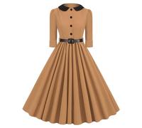 Women's 1950s Audrey Hepburn Tea Dress - Vintage Rockabilly A Line Swing Cocktail Party Plain Half Sleeve Retro Flowy Pleated Dance Gown in Khaki