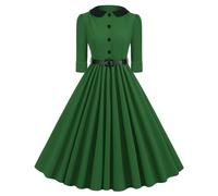 Women's 1950s Audrey Hepburn Tea Dress - Vintage Rockabilly A Line Swing Cocktail Party Plain Half Sleeve Retro Flowy Pleated Dance Gown in Green