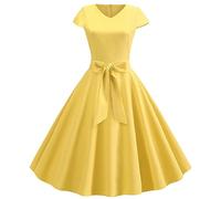 Women's 1950s Cocktail Dresses Elegant Solid Color Rockabilly Dress Casual V Neck Short Sleeve A Line Swing Midi Dress High Waist Evening Dresses Party Prom Gown for Women(A-Yellow,M)