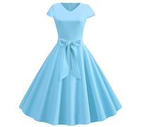 Women's 1950s Cocktail Dresses Elegant Solid Color Rockabilly Dress Casual V Neck Short Sleeve A Line Swing Midi Dress High Waist Evening Dresses Party Prom Gown for Women(A-Sky Blue,XL)