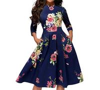 Women's 1950s Cotton Retro Vintage Cocktail Party 3/4 Sleeve Swing Dress Women's Floral Vintage Dress Elegant Midi Evening Dress Cocktail Formal Dresses with Pockets UK Sale Clearance Blue
