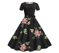 Womens 1950s Vintage Dress Round Neck Short Sleeve Rockabilly Midi Dress Retro Swing Victorian Tea Party A-Line Dress Audrey Hepburn 50's 60's Party Evening Dress