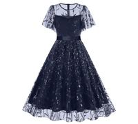 Women's 1950s Vintage Floral Embroidery Dress Illusion 50s Goth Flared Swing Dress Cocktail Party Wedding Dress, Navy Blue & Leaf, XL