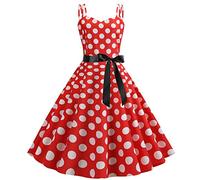 Womens 1950s Vintage Polka Dots Dress Spaghetti Strap Rockabilly Midi Dress Retro Swing Princess Tea Party A-line Dress Audrey Hepburn 50's 60's Party Dance Gown with Belt Red XL