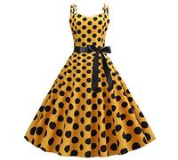 Womens 1950s Vintage Polka Dots Dress Spaghetti Strap Rockabilly Midi Dress Retro Swing Princess Tea Party A-line Dress Audrey Hepburn 50's 60's Party Dance Gown with Belt Yellow S