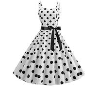 Womens 1950s Vintage Polka Dots Dress Spaghetti Strap Rockabilly Midi Dress Retro Swing Princess Tea Party A-line Dress Audrey Hepburn 50's 60's Party Dance Gown with Belt White 2XL