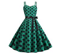 Womens 1950s Vintage Polka Dots Dress Spaghetti Strap Rockabilly Midi Dress Retro Swing Princess Tea Party A-line Dress Audrey Hepburn 50's 60's Party Dance Gown with Belt Green XL