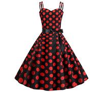 Womens 1950s Vintage Polka Dots Dress Spaghetti Strap Rockabilly Midi Dress Retro Swing Princess Tea Party A-line Dress Audrey Hepburn 50's 60's Party Dance Gown with Belt Red+Black S