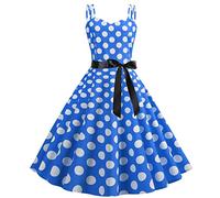 Womens 1950s Vintage Polka Dots Dress Spaghetti Strap Rockabilly Midi Dress Retro Swing Princess Tea Party A-line Dress Audrey Hepburn 50's 60's Party Dance Gown with Belt Blue M
