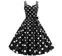 Womens 1950s Vintage Polka Dots Dress Spaghetti Strap Rockabilly Midi Dress Retro Swing Princess Tea Party A-line Dress Audrey Hepburn 50's 60's Party Dance Gown with Belt Black 2XL