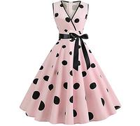 Womens 1950s Vintage Polka Dots Dresses Clearance Spaghetti Strap Midi Dress Retro Swing Princess Tea Party A-line Dress Audrey Hepburn 50's 60's Evening Party Dance Gown with Belt Pink