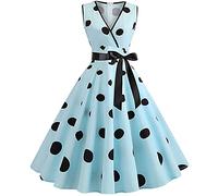 Womens 1950s Vintage Polka Dots Dresses Clearance Spaghetti Strap Midi Dress Retro Swing Princess Tea Party A-line Dress Audrey Hepburn 50's 60's Evening Party Dance Gown with Belt Light Blue