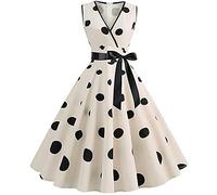Womens 1950s Vintage Polka Dots Dresses Clearance Spaghetti Strap Midi Dress Retro Swing Princess Tea Party A-line Dress Audrey Hepburn 50's 60's Evening Party Dance Gown with Belt Beige