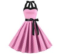 Women's 1950s Vintage Rockabilly Dress A Line Swing Cocktail Party Dress Halter Neck Wrap Sleeveless Retro Polka Dot Dresses Pleated Floaty Tea Dress Audrey Hepburn 50s 60s Dance Gown with Belt Pink