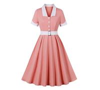 Women's 1950s Vintage Rockabilly Dress A Line Swing Cocktail Party Dress V Neck Short Sleeve Retro Dresses Button Down Tea Dress Audrey Hepburn 50s 60s Dance Gown with Belt Pink