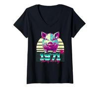 Womens 1971 Year of The Pig Birthday 80s Retro Chinese Zodiac Sign V-Neck T-Shirt