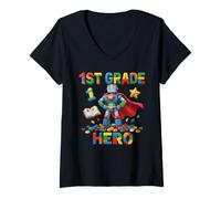 Women's 1st Grade Hero Robot Interlocking Bricks School V-Neck T-Shirt