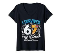 Womens 1st Grade Teacher Survived 67 Days of School Humor Design V-Neck T-Shirt