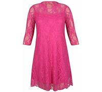 Womens 2 in 1 Floral Lace ¾ Sleeve Swing Dress Ladies Summer Wear Flared Style Crew Neck Eveneing Dress Fuschia UK 14