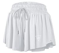 Womens 2 in 1 Flowy Athletic Shorts with Pocket Butterfly Running Workout Shorts Sweat Spandex Lounge Gym Yoga Summer Skirts, White, Medium