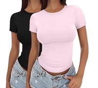 Women'S 2 Pack Tops, Ladies Tops Y2K, Lightweight Tight T-Shirt Basic Round Neck Blouse Tees Pure Color Short Sleeve Top Cute Summer Y2K Tee For Travel Fashion Slim Fit Crop Top