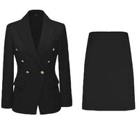 Womens 2 PC Skirt Suit Set Double Breasted Office Work Suit Notch Lapel Business Suit Front Open Blazer Skirt Black M