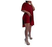 Women's 2 PC Sport Tracksuits Outfit Sets Casual Oversized Short Sleeve Split Tops T-Shirt Biker Shorts Set Wine