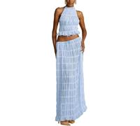 Women's 2 Pcs Chiffon Outfit - Summer Casual Lace Up Sleeveless Backless Halter-Neck Crop Top & High-Waisted Flowy Pleated Maxi Skirt Matching Set for Evening Events Beach Vacation (S,Blue)