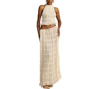 Women's 2 Pcs Chiffon Outfit - Summer Casual Lace Up Sleeveless Backless Halter-Neck Crop Top & High-Waisted Flowy Pleated Maxi Skirt Matching Set for Evening Events Beach Vacation (S,Beige)