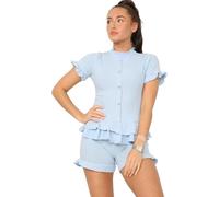 Womens 2 Pcs Diamond Frilled Edge Short Co-Ord Set, Ladies Short Sleeve Plain Summer Button Top Shorts Ribbed Loungewear Outfits Sets UK One Size Fits All, Sky Blue