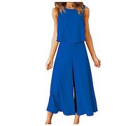 Womens 2 Piece Casual Outfits Cotton Linen Loungesuit Sleeveless Trousers Set Elegant Party Outfits Solid Vest Pants Suit Tracksuit Camis Tops Wide Legs Trousers Sets Going Out Holiday Blue XXL