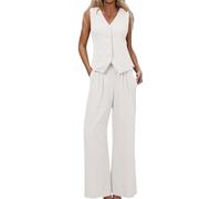 Women's 2 Piece Co Ord Sets Button V Neck Sleeveless Blouse Long Pants Lounge Wear Casual Outfits 60th Birthday Gifts 80s Fancy Dress White Green Beige Yellow Navy Light Blue Orange Khaki S M L XL 2XL