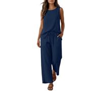 Women's 2 Piece Cotton Linen Outfits Summer Sleeveless Round Neck Tank Top Elastic Waist Drawstring Wide Leg Pants Breathable Casual Beach Holiday Boho Retro Sets Work Business Loose Suits