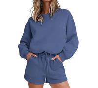 Women's 2 Piece Fall Outfits Sets Navy Long Sleeve Crew Neck Pullover Sweatshirt and Shorts Sweatsuit Casual Matching Set Ladies Joggers Suit Workout Gym Activewear for Walking Yoga Daily Wear Size M