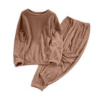 Women's 2-Piece Fleece Family Satin Pyjamas Set Thermal Christmas Pajamas Long Sleeve with Trousers Warm Winter Nightwear for Cold Nights Soft Fluffy Lounge Wear Pjs Cozy Sleepwear Outfit M Coffee